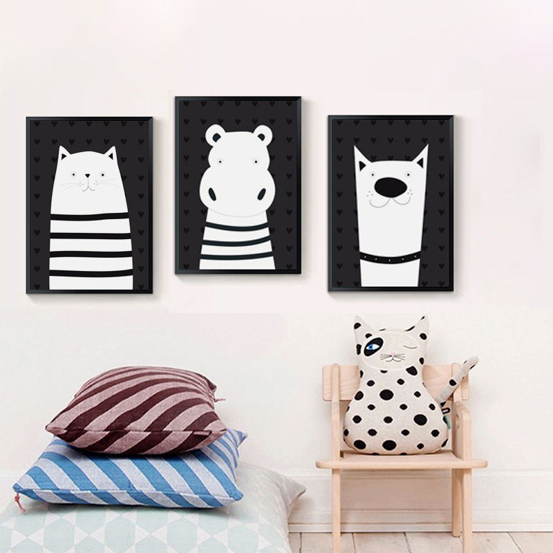 Kedi, Köpek, İnek Çizgi Film Siyah Beyaz 3�lü Çocuk Odası Poster Seti